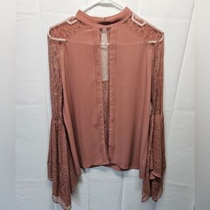 Express Elegant Blouse with Lace Trumpet Sleeves - Salmon, Sz L